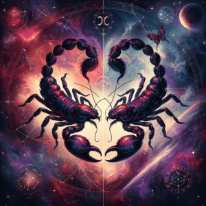 Two mirrored scorpions forming a heart over a zodiac wheel, symbolizing Scorpio and Scorpio compatibility.