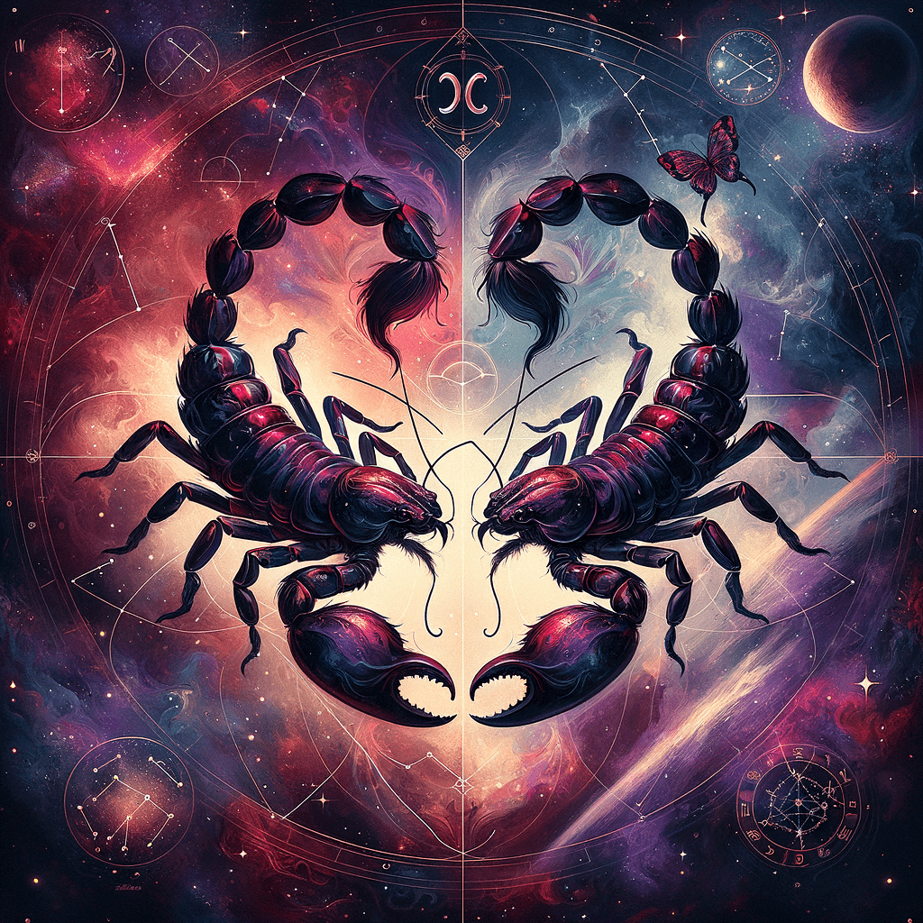 Two mirrored scorpions forming a heart over a zodiac wheel, symbolizing Scorpio and Scorpio compatibility.