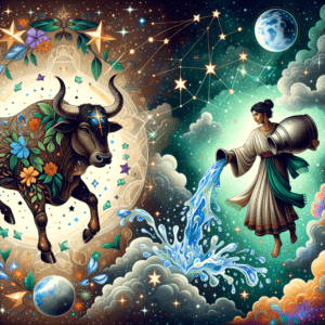 Taurus bull and Aquarius water-bearer facing each other beneath a golden sun, zodiac symbols highlighting compatibility.