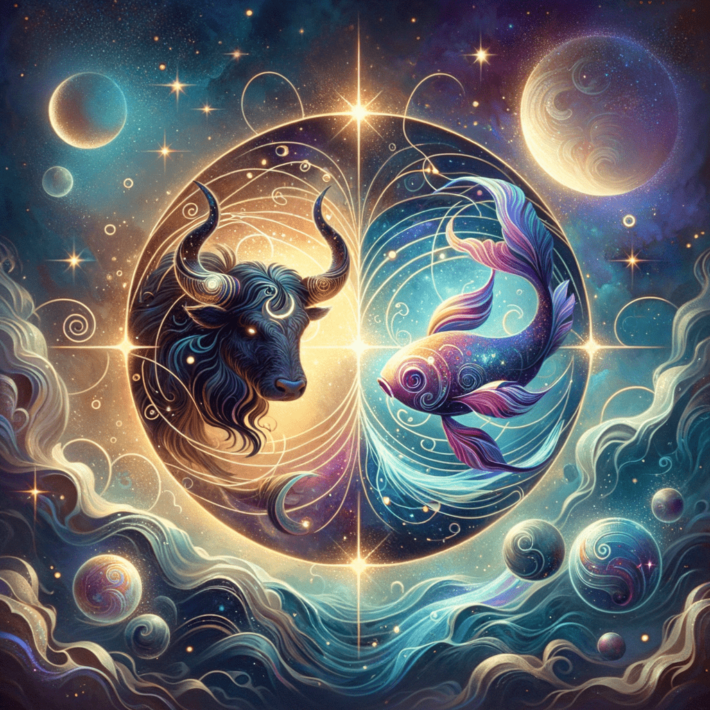 Stylized Taurus bull and Pisces fish intertwined over a night sky, symbolizing Taurus and Pisces compatibility.