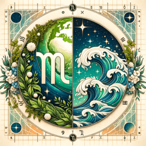 Stylized Virgo and Aquarius zodiac symbols with sun, stars, and arrows suggesting compatibility.