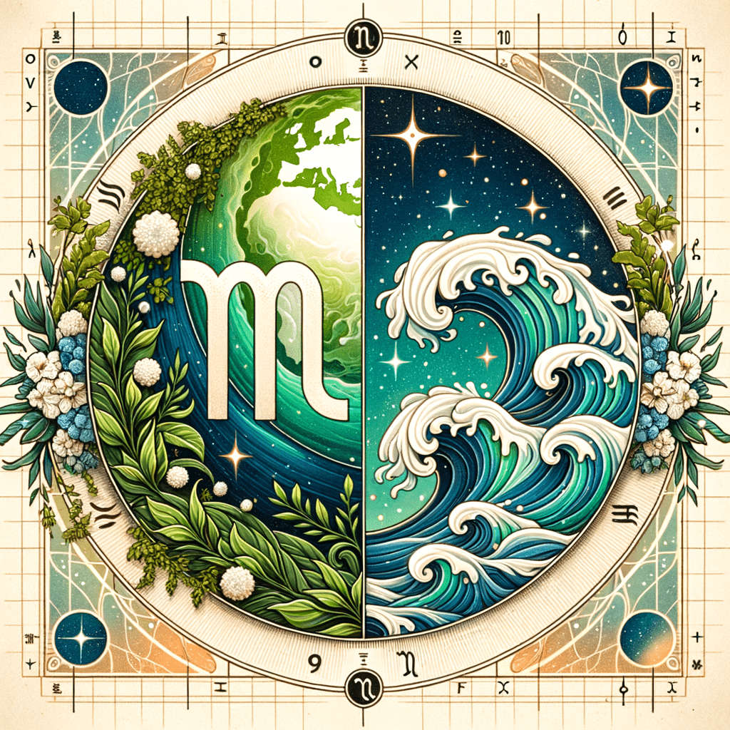 Stylized Virgo and Aquarius zodiac symbols with sun, stars, and arrows suggesting compatibility.