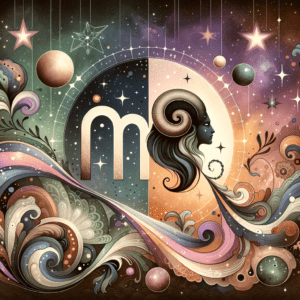 Virgo and Capricorn zodiac symbols side by side with a heart and earthy tones, representing compatibility.