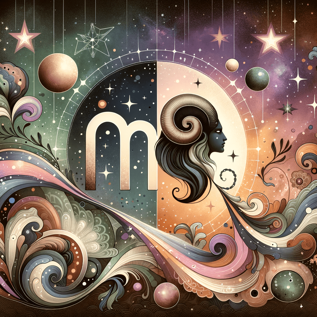 Virgo and Capricorn zodiac symbols side by side with a heart and earthy tones, representing compatibility.