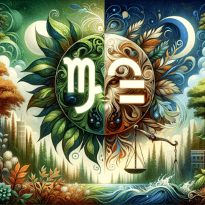 Stylized Virgo maiden and Libra scales facing each other with connecting heart and zodiac symbols.