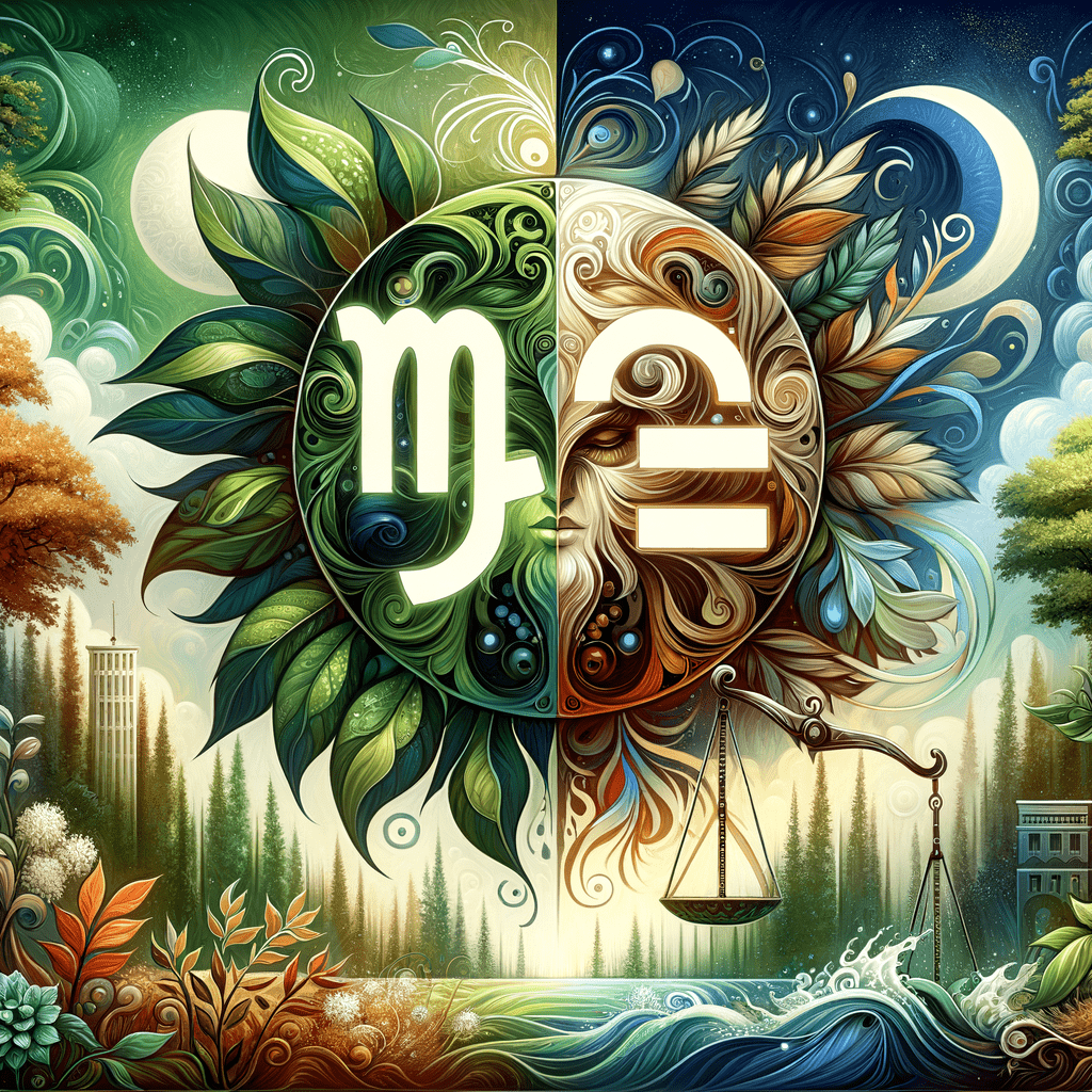 Stylized Virgo maiden and Libra scales facing each other with connecting heart and zodiac symbols.
