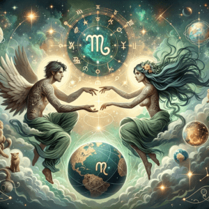 Two Virgo glyphs mirrored with botanical accents and warm neutrals, symbolizing Virgo and Virgo compatibility