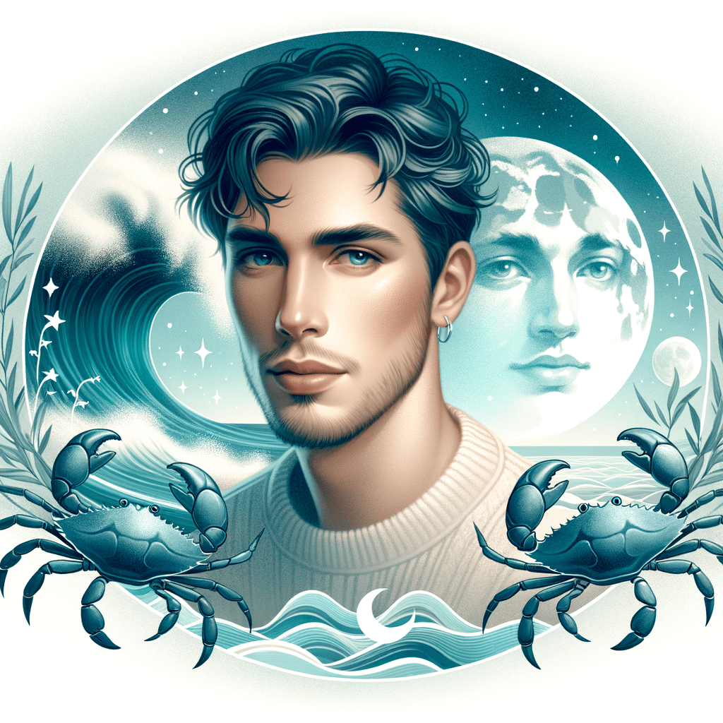 Thoughtful man with crab zodiac symbol and moon, holding a heart behind a protective shell—emotional and boundary-focused.