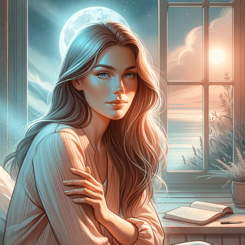Illustration of a thoughtful woman holding a crab symbol with moonlit pastel background, suggesting emotional depth.