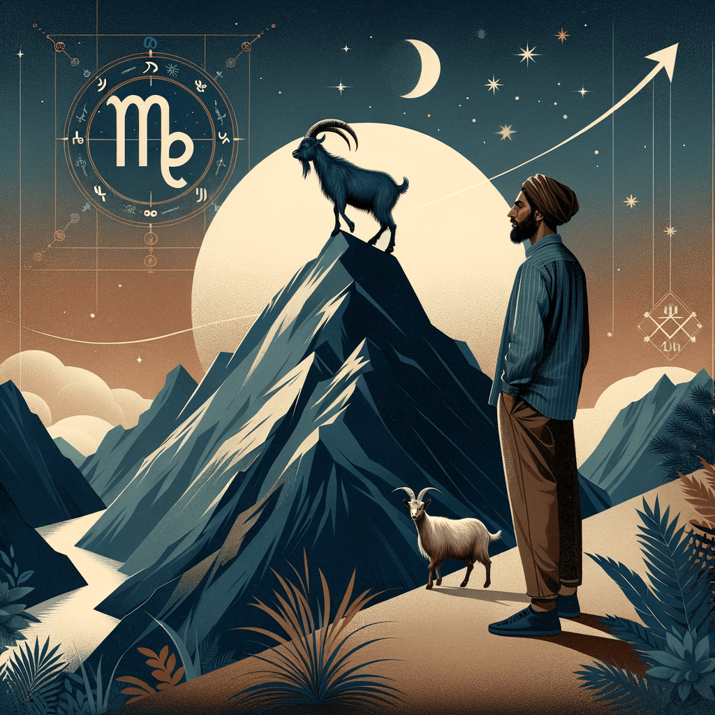 Illustration of a thoughtful man beside a stylized Capricorn goat symbol and mountain silhouette in warm earth tones.