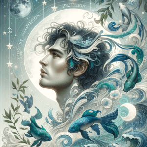 Illustration of a dreamy Pisces man surrounded by fish, stars, and moon, evoking romantic, empathetic personality.