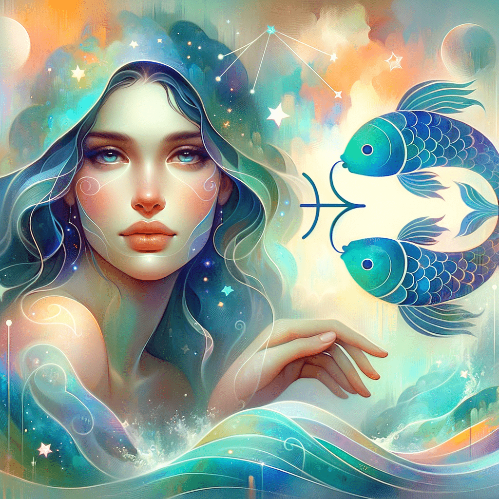 Dreamy Pisces woman with flowing hair, surrounded by water, stars, and two swimming fish representing intuition.