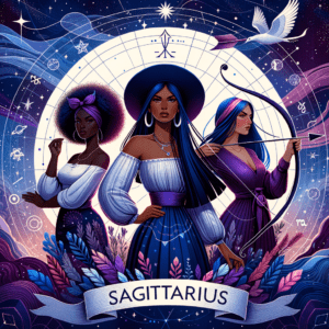 Confident Sagittarius woman archer aiming a bow amid stars and crescent moon, symbolizing growth and adventure.