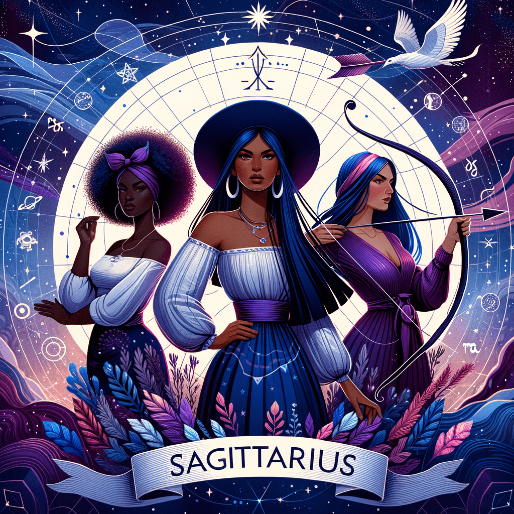 Confident Sagittarius woman archer aiming a bow amid stars and crescent moon, symbolizing growth and adventure.