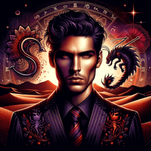 Portrait of a mysterious Scorpio man silhouette with scorpion symbol, intense gaze and dark, moody tones.