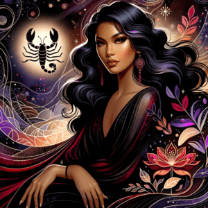 Mysterious, confident woman portrait with scorpion symbol in dark red and black, evoking intensity and transformation.