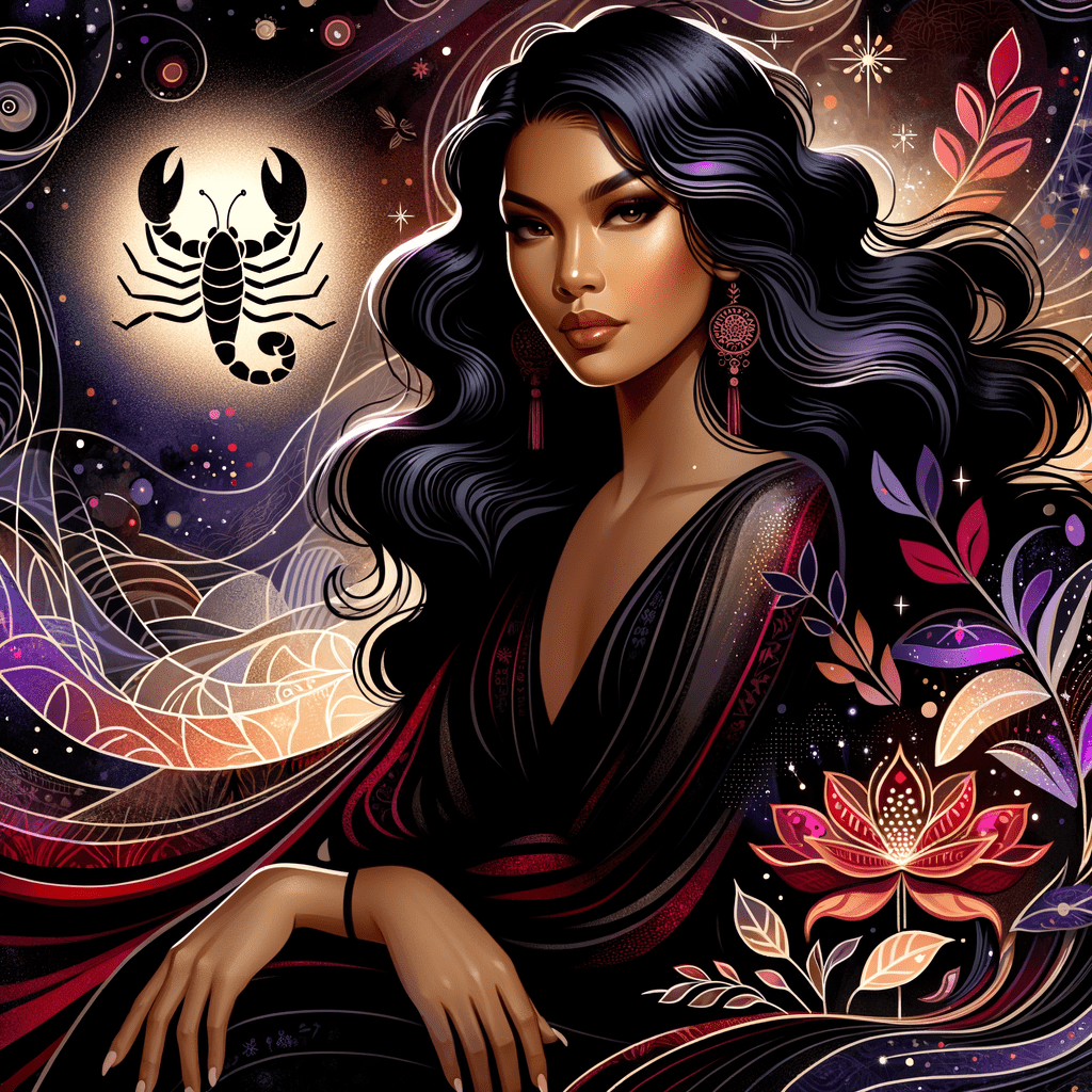 Mysterious, confident woman portrait with scorpion symbol in dark red and black, evoking intensity and transformation.