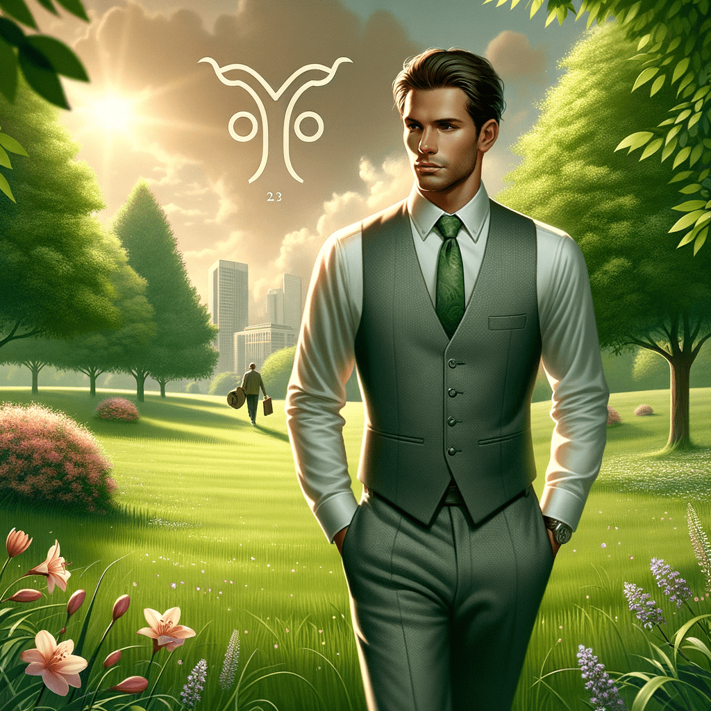 Illustration of a confident man with Taurus bull symbol, earthy tones and flowers representing traits, love, and growth.