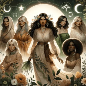 Illustration of a serene Taurus woman with bull zodiac symbol, earthy colors and floral accents