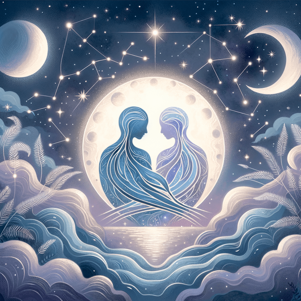 Two blue silhouettes facing each other in front of a large glowing full moon, with a crescent moon, constellations, ferns and waves around them
