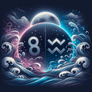 Moon between an illustrated Cancer crab and Aquarius water-bearer, representing Cancer and Aquarius compatibility.