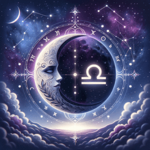 Moonlit illustration showing Cancer crab and Libra scales facing each other with connecting heart and astrology symbols.