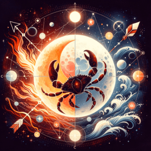 Moon between Cancer crab and Sagittarius archer symbols, illustrating their emotional-adventurous compatibility.