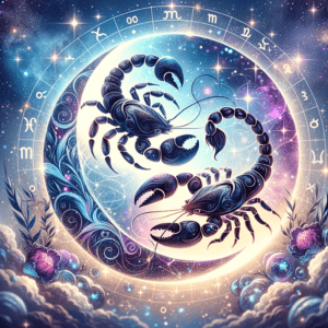 Astrology: Cancer and Scorpio compatibility depicted as two moons with crab and scorpion symbols linked by swirling water.