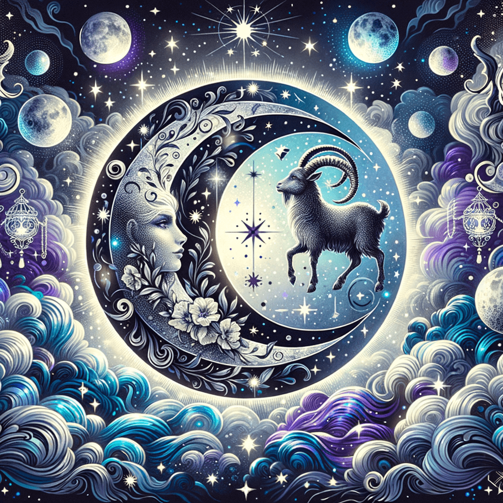 A goat leaping inside a large crescent moon that bears a woman's face, among smaller moons, stars and swirling clouds.