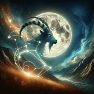 A horned goat before a full moon over dark mountains, with a constellation traced in lines of light.