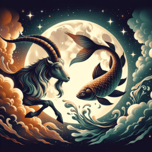 A horned goat and a large fish face each other in front of a full moon, framed by clouds and waves.