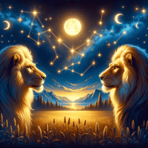 Two golden lions facing each other beneath a glowing moon with Leo zodiac symbols and warm, radiant tones