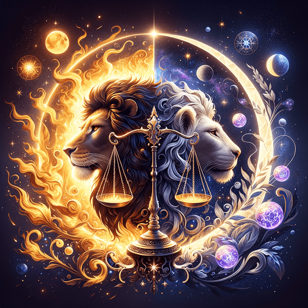 A golden lion and a silver lion shown in profile behind a brass balance scale, framed by flames on one side and a crescent moon, planets and violet orbs on the other.