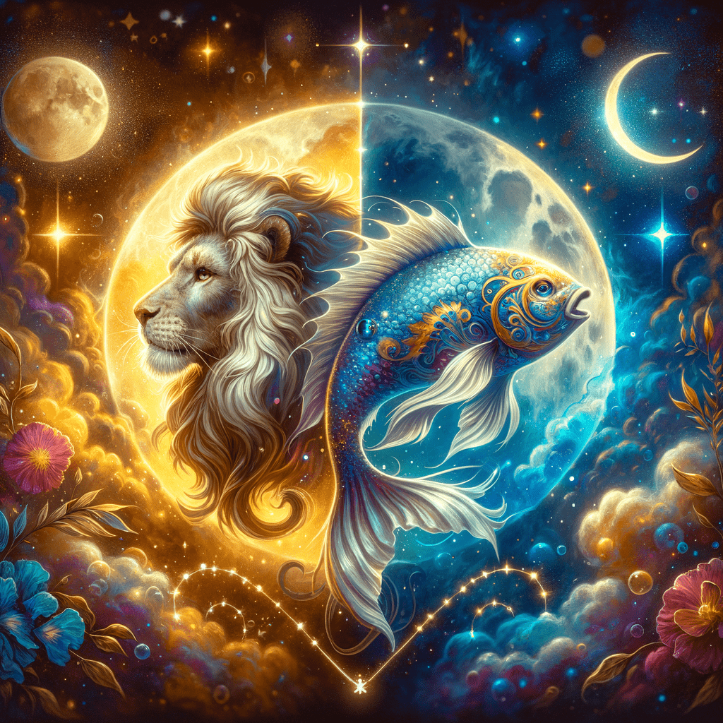 A lion's head and a blue and gold fish in front of a glowing full moon, with a smaller moon and a crescent in the starry sky