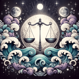 Une balance devant une grande pleine lune, flanquée de deux lunes plus petites, au-dessus de vagues tourbillonnantes turquoise et lilas sur un ciel nocturne étoilé.