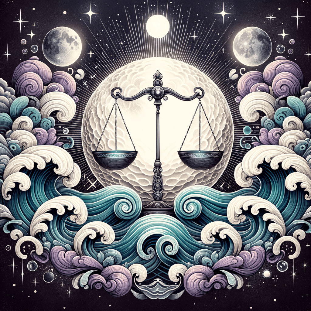 A balance scale in front of a large full moon, flanked by two smaller moons, above swirling teal and lilac waves on a starry night sky.