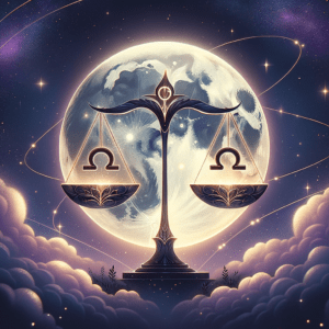 La balance de la Balance, ornée du glyphe de la Balance sur chaque plateau, se dresse devant une pleine lune dans un ciel nocturne étoilé violet, au-dessus de doux nuages.