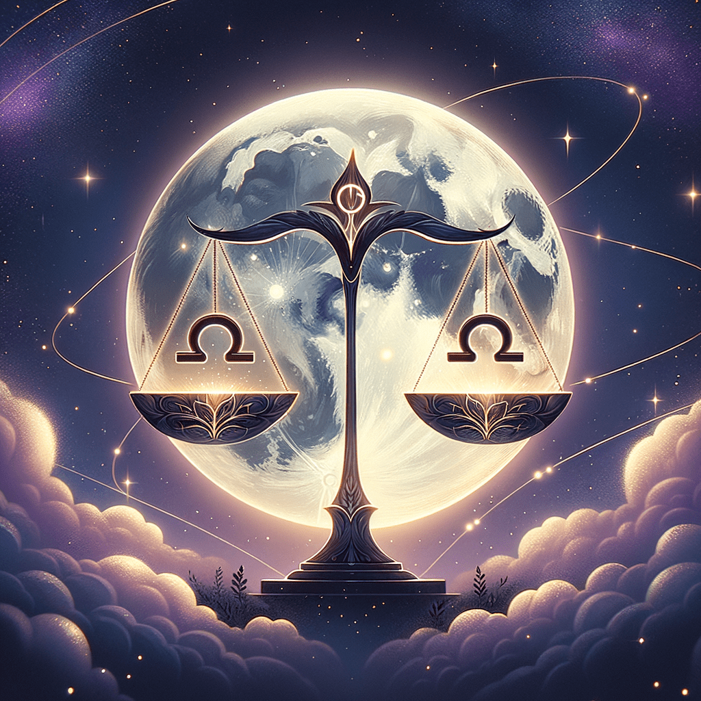Libra scales with a Libra glyph on each pan, standing before a full moon in a starry purple night sky above soft clouds.