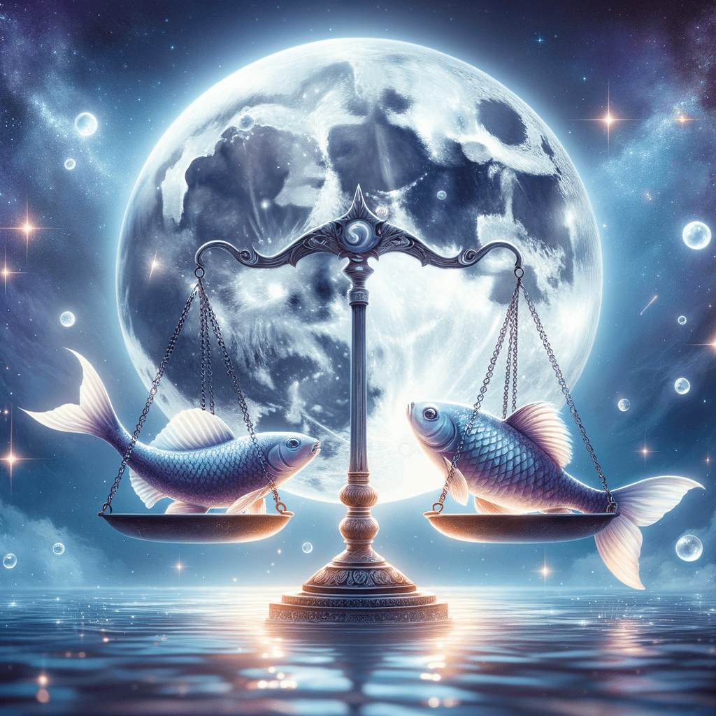 Two fish resting in the pans of a balance scale before a full moon, above calm water under a starry sky.