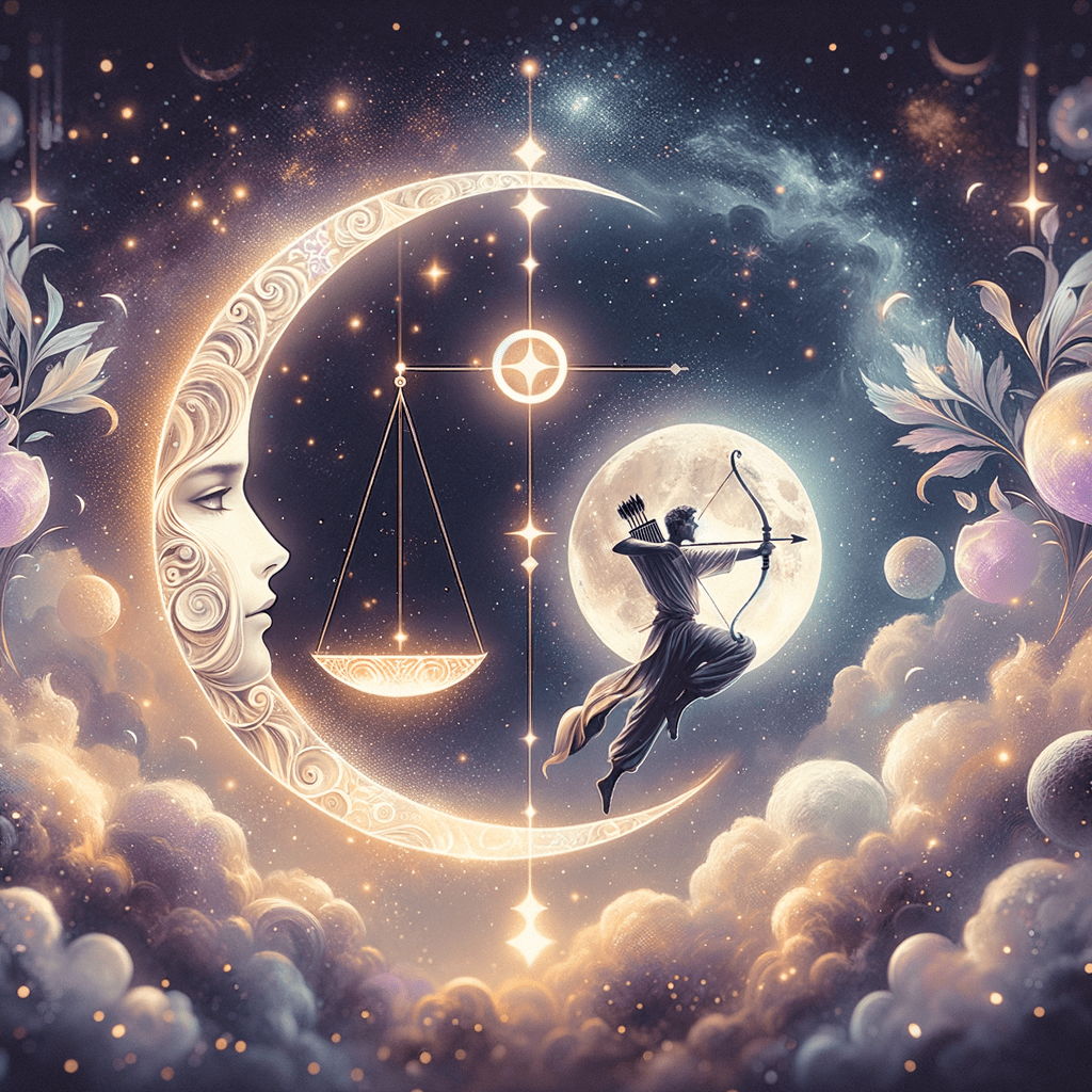 Libra and Sagittarius moon signs: scales and archer over a glowing moon, symbolizing their compatibility.