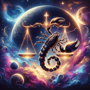 Golden Libra scales and a dark scorpion entwined before a large moon, in a swirling pink and blue starry sky.