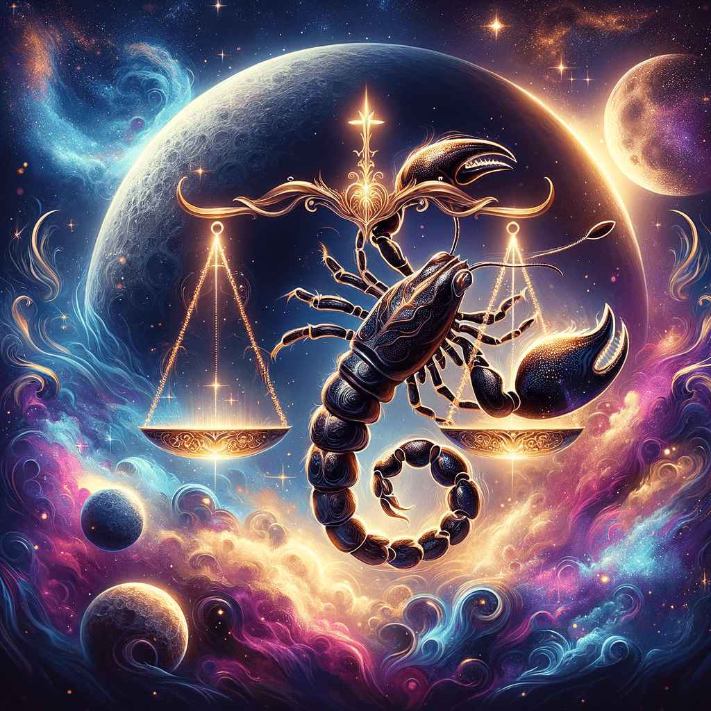 Golden Libra scales and a dark scorpion entwined before a large moon, in a swirling pink and blue starry sky.