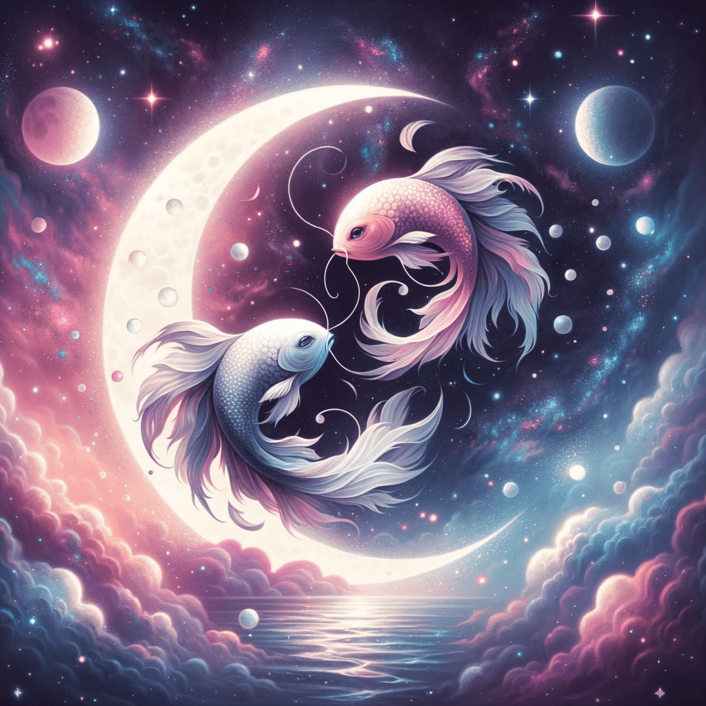 Two pink and white fish with flowing fins circling each other in front of a large crescent moon, with two small planets, clouds and a calm sea