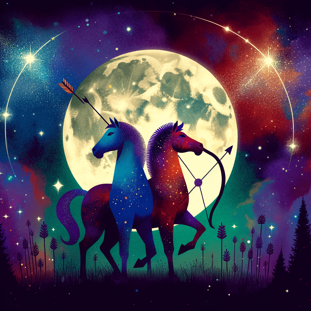 Two stylized horses, one blue and one red, stand before a large full moon in a starry purple and green sky, with a bow and arrows