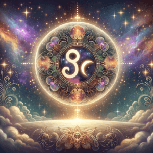 A glowing ornate circle with a zodiac glyph and a crescent moon in a starry sky, for Virgo Moon and Libra Moon compatibility.