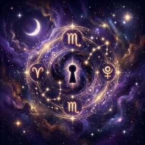 The eighth house of the natal chart, the Greek idle place, drawn on a violet zodiac wheel