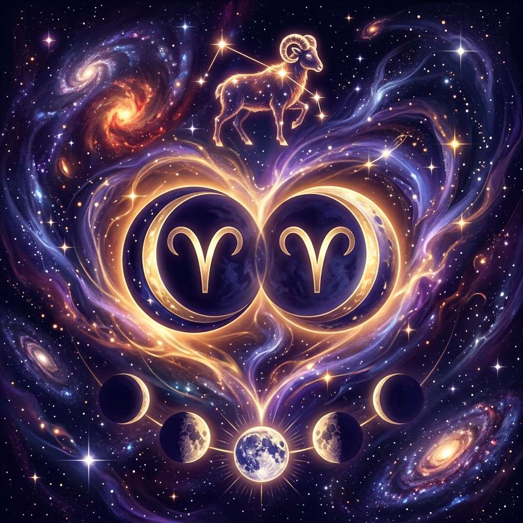 Two glowing crescent moons with Aries glyphs under a golden ram constellation, for an Aries Moon couple