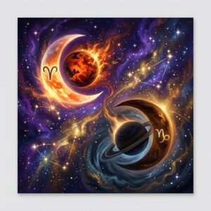 Two crescent moons, one glowing red and one slate gray, facing each other across a dark starry sky