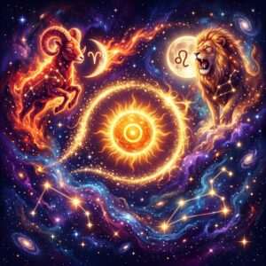 A fiery ram and a roaring lion with crescent and full moons, linked by a golden arc around a bright sun