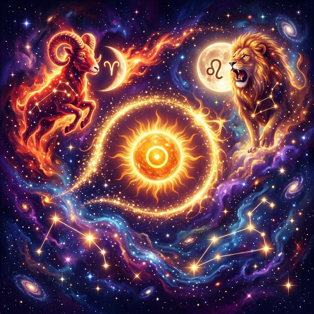 A fiery ram and a roaring lion with crescent and full moons, linked by a golden arc around a bright sun